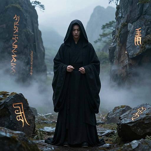 Digital artwork of a solemn, hooded figure in black robes standing amid misty, rocky terrain with glowing Asian characters. Mysterious, mountainous background