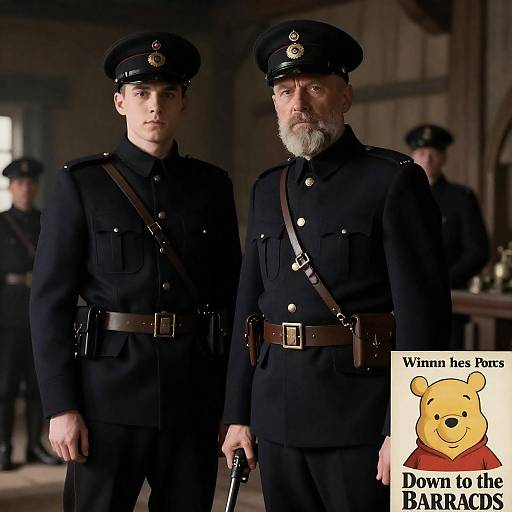 Two Men in Dark Uniforms with Barracks Poster