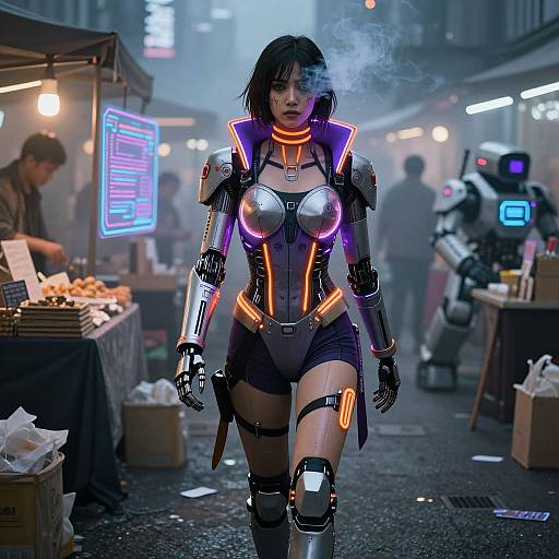 Cyberpunk street market scene; glowing, armored woman with neon lights and smoke, futuristic robots, neon signs, vendors, and misty atmosphere.