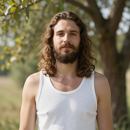 Photograph of a bearded, long-haired man with a white tank top standing outdoors, with a blurred tree and greenery in the background. Natural
