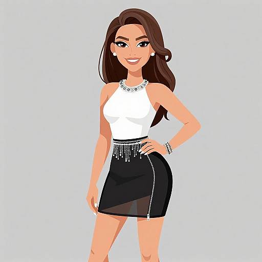 Digital illustration of a smiling woman with long brown hair, wearing a white sleeveless top, black skirt with silver fringe, and accessories, standing against a