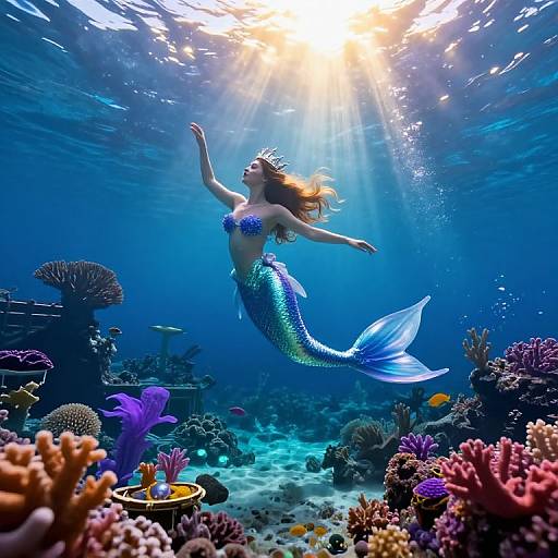 Photograph of a shimmering blue mermaid with a scaled tail, floating underwater in a vibrant coral reef, illuminated by sunlight.
