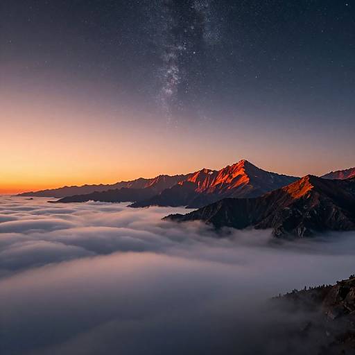 Photograph of a mountainous landscape at dusk, with a bright orange sunset, a Milky Way galaxy, and a sea of mist-covered peaks.