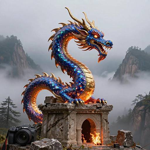 Iridescent Sapphire Dragon on Ancient Ruins
