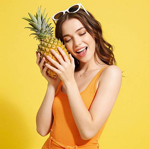 Photograph of a smiling young woman with brown hair, wearing white sunglasses and an orange tank top, holding a pineapple against a bright yellow background.