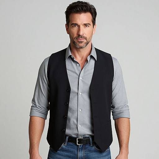 Photograph of a handsome, bearded man with short dark hair, wearing a light blue shirt, black vest, and blue jeans, against a plain