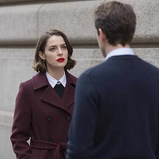 Woman in Maroon Coat Talking to Man