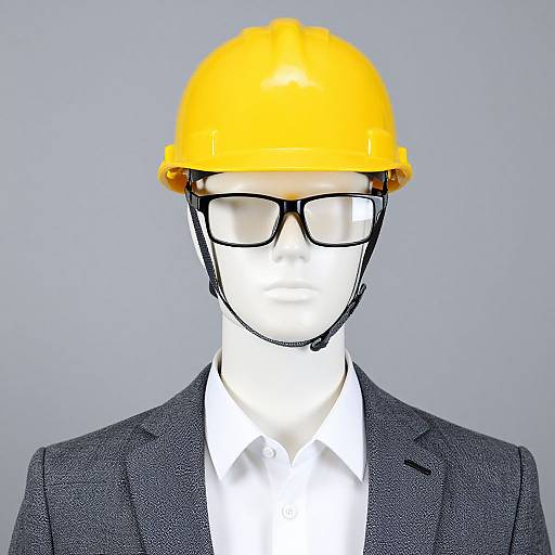 Photograph of a white mannequin head wearing a yellow hard hat, black-framed glasses, white shirt, and black suit against a gray background