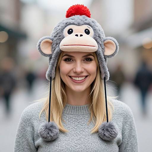 Photograph of a smiling blonde woman wearing a gray monkey hat with red pom-pom and black ear strings, in a blurred city street.
