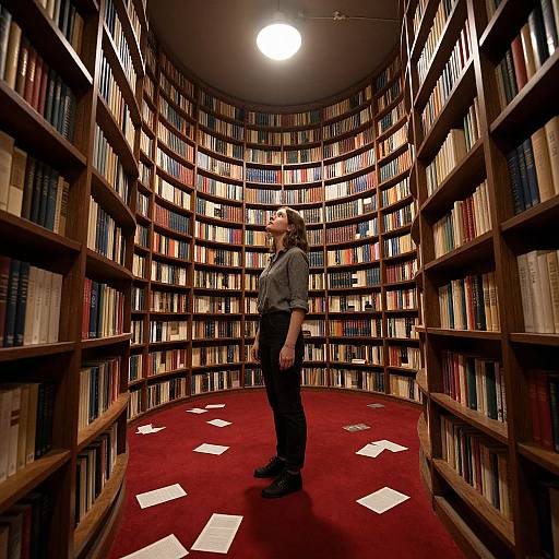 Photograph of a man in a gray shirt and black pants standing in a curved, dimly-lit library with red carpet and bookshelves,