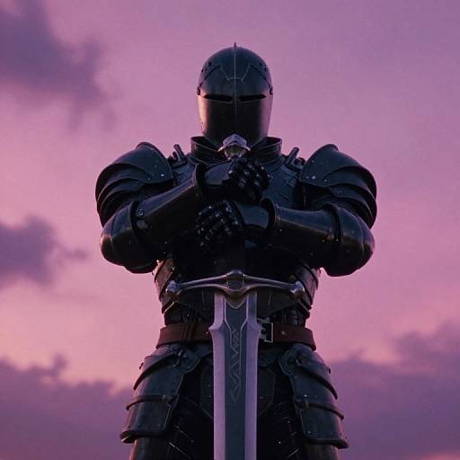 Silhouetted knight in black armor, holding a sword, against a purple-pink sunset sky. Digital art with dramatic lighting.