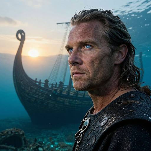 Photograph of a wet, serious-looking man with tousled hair, wearing a dark, metallic cloak, standing in front of an underwater, ship silhouette