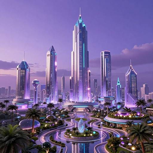 Digital illustration of a futuristic cityscape at dusk, featuring glowing skyscrapers, a circular fountain, palm trees, and illuminated streets.