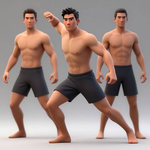 CGI image of three muscular, shirtless men with black shorts, standing in fighting stances, each with determined expressions and dark hair.