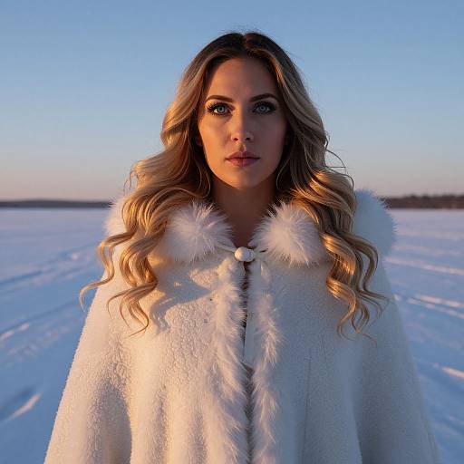Photograph of a blonde woman with blue eyes, wearing a white, furry-collared winter coat, standing in a snowy landscape at sunset.