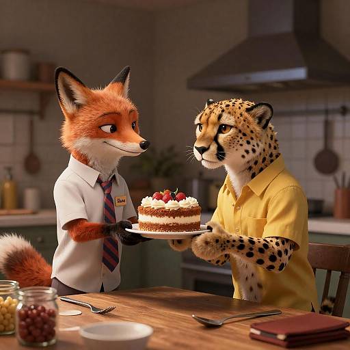 Anthropomorphic Fox Serving Cake to Cheetah