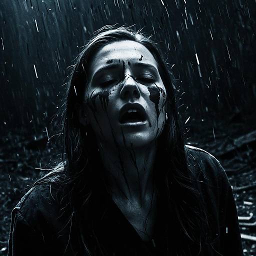 Woman with Black Paint on Face in Rain