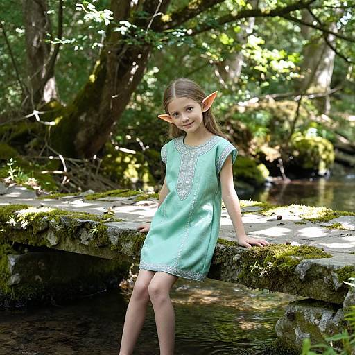 Photograph of a young girl with elf-like ears, wearing a light blue dress, sitting on a moss-covered stone bridge in a sunlit, forest