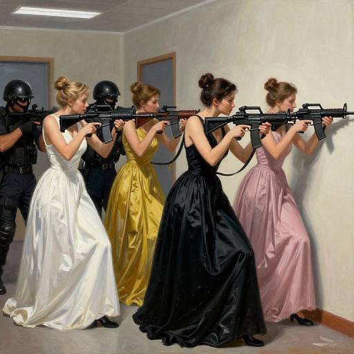 Photograph of five women in elegant evening gowns aiming rifles at a wall, flanked by a man in black tactical gear.