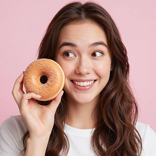 Photograph of a smiling young woman with long dark hair, holding a sugar-coated donut close to her face against a pink background.