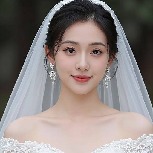 Photograph of a beautiful Asian bride with fair skin, black hair in a bun, wearing a white lace veil and strapless gown, adorned with sparkling