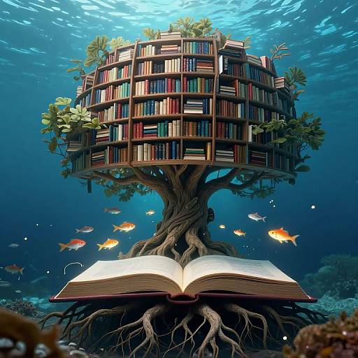 Ethereal Bookshelf Tree with Glowing Fish