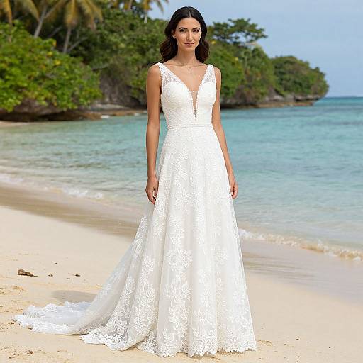 Photograph of a dark-haired woman in a white lace wedding dress standing on a tropical beach with turquoise water and lush greenery in the background.