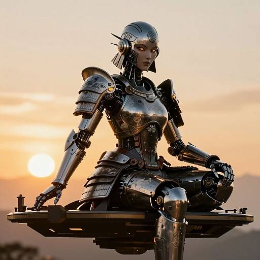 Photorealistic CGI of a female, silver, robotic warrior with intricate armor, seated on a floating platform at sunset.