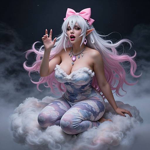 Digital fantasy artwork of a white-haired, pink-bowed elf woman with large breasts, wearing a fur-trimmed, patterned dress, sitting on