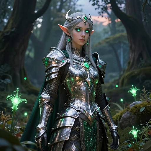 Digital art of a silver-haired, green-eyed elf warrior in reflective, green-emerald-accented silver armor standing in a mystical forest with glowing green