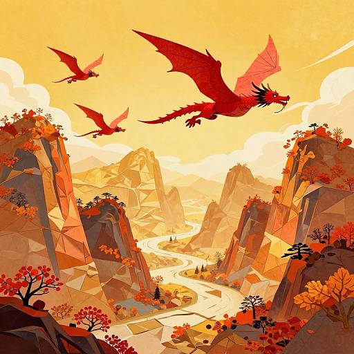 Digital art of a vibrant, orange sunset landscape with three red dragons flying over rocky cliffs and a winding river below.