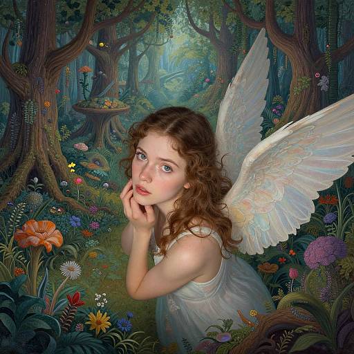 Digital painting of a fair-skinned, curly-haired fairy with white wings in a vibrant, enchanted forest filled with colorful flowers and lush greenery.