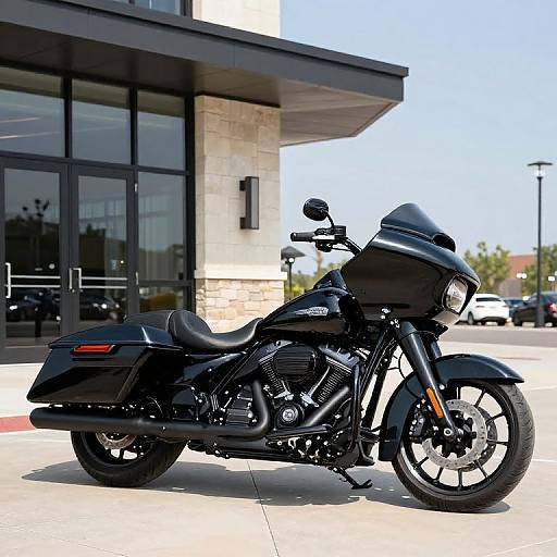 Photograph of a sleek black Harley-Davidson touring motorcycle parked outside a modern glass-fronted building on a sunny day.