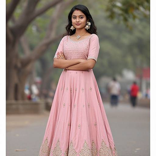 Photograph of an Indian woman with dark hair, wearing a pink, embroidered lehenga, and gold jewelry, standing confidently with arms crossed, in a