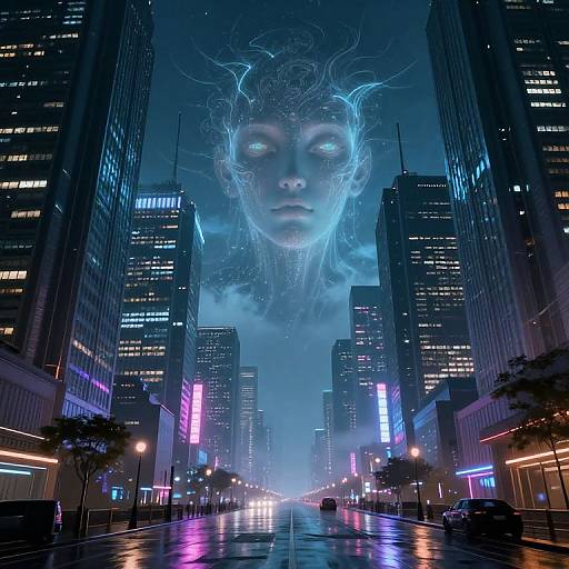 Digital artwork of a futuristic city street at night, with a glowing, ethereal face hovering above skyscrapers, neon lights, and reflective wet pavement