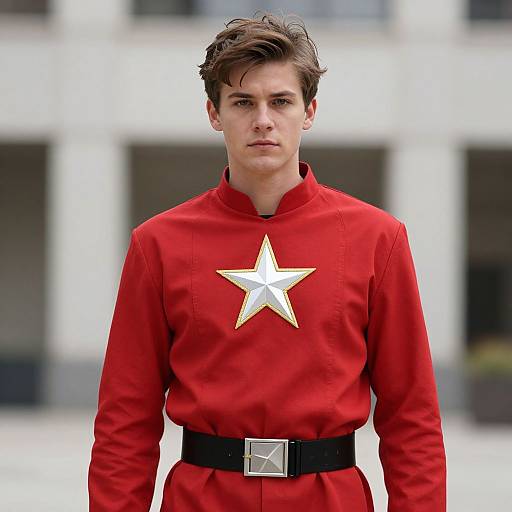 Photograph of a young man with short brown hair, wearing a red uniform with a gold star and black belt, standing in front of a blurred white