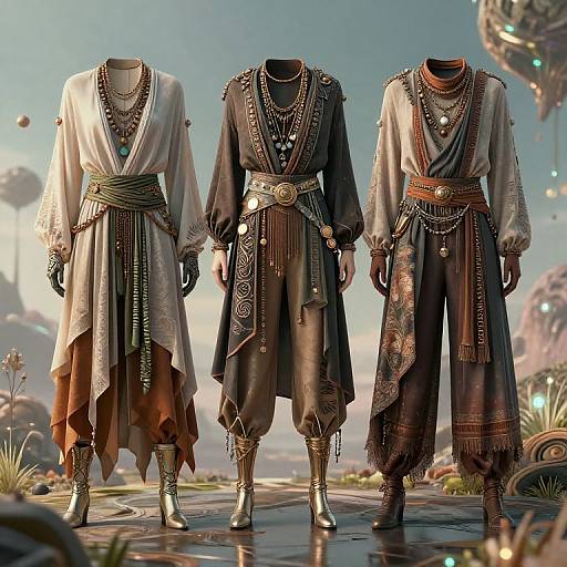 Photorealistic CGI of three headless mannequins wearing intricately detailed, medieval-inspired robes with layered necklaces, belts, and boots in