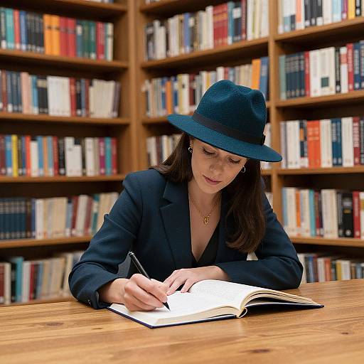 Photograph of a woman in a black suit and hat, writing in an open book at a wooden library table, surrounded by colorful bookshelves.