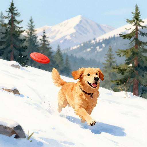Digital painting of a golden retriever with a red frisbee in mid-air, running in a snowy, pine-tree-filled mountain landscape.