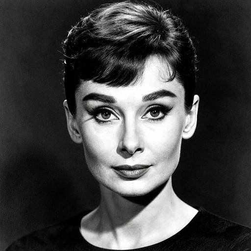 Black-and-white photograph of a short-haired woman with striking, symmetrical features, high-contrast lighting, and a dark background. Her expression is calm