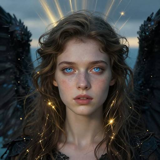 Digital artwork of a fair-skinned, blue-eyed woman with wavy brown hair, glowing stars, and dark wings, set against a twilight sky.