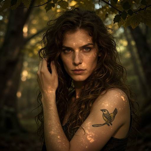 Photograph of a young woman with long, wavy brown hair, fair skin, and intense eyes, standing in a dark forest. She has a