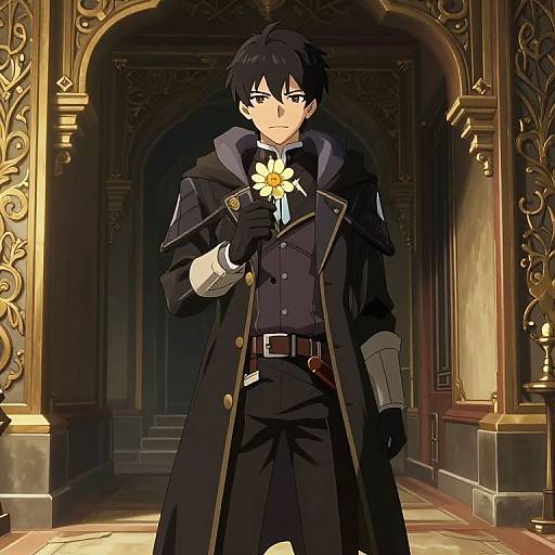 Anime-style drawing of a serious black-haired man in a long black coat holding a white flower, standing in an ornate, dimly lit hallway.