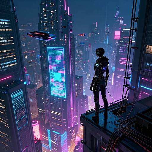 Cyberpunk cityscape at night: Silhouetted figure in futuristic armor stands on rooftop, gazing over neon-lit skyscrapers and