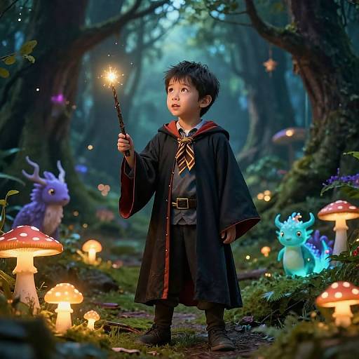 Young boy in dark wizard robe, holding glowing wand, stands in enchanted forest with glowing mushrooms, mythical creatures, and magical lights. Fantasy illustration.