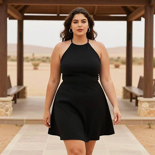 Photograph of a confident, curvy woman with dark wavy hair, wearing a black halter dress, standing in a desert setting under a wooden