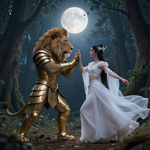 A digital fantasy scene: armored lion-man and a flowing white-gown woman dance under a full moon in a dark, enchanted forest.