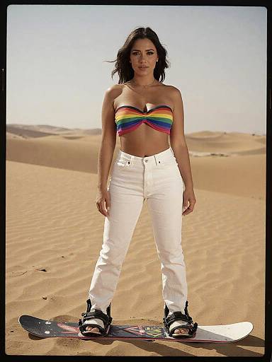 Photograph of a woman with dark hair, wearing a rainbow bandeau top, white pants, and snowboard boots, standing in a desert with a