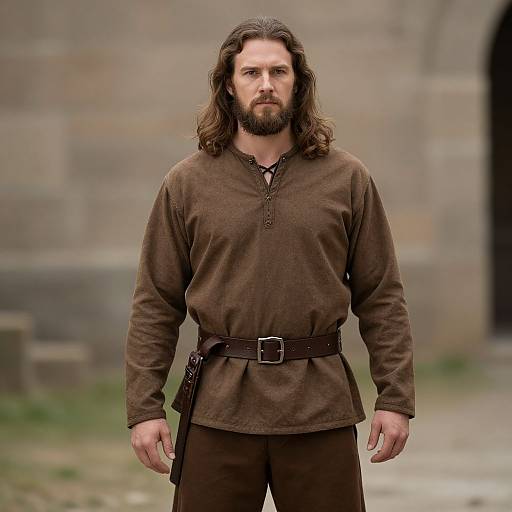 Photograph of a rugged, bearded man with long brown hair, wearing a brown medieval-style tunic with a belt, standing in front of a