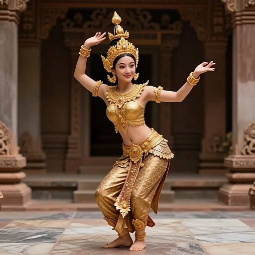 Digital art of an Asian dancer in gold traditional attire, ornate headdress, and jewelry, performing in a temple courtyard.